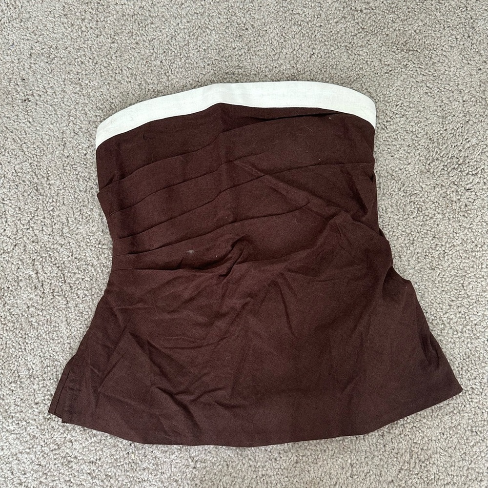 Abercrombie & Fitch White and Tan Fitted linen blend tube top Spaghetti Straps - Picture 2 of 5